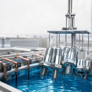 Metal bolts and connectors lifted from an electroplating bath with a bright metallic coating.
