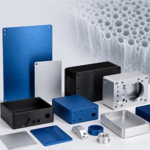 Blue, black, and natural anodized aluminum parts with a porous oxide film structure in the background.