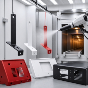 Robotic spray gun applying powder coating to metal brackets and sheet-metal housings in a coating booth.