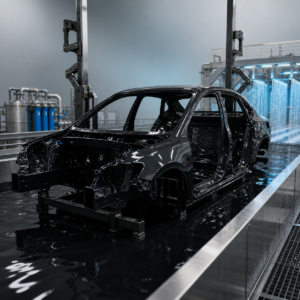 Automotive body shell in an electrophoretic coating tank forming a uniform black anti-corrosion primer film.