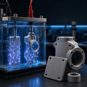 Aluminum and magnesium alloy samples undergoing micro-arc oxidation in an electrolyte cell with ceramic oxide coated parts nearby.