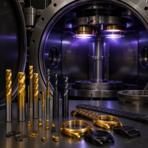 PVD vacuum coating chamber with gold TiN cutting tools, black DLC coated parts, and decorative coated hardware.