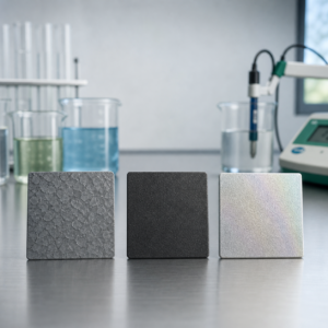 Phosphate coating, black oxide, and chromium-free conversion coating samples displayed on a laboratory bench.