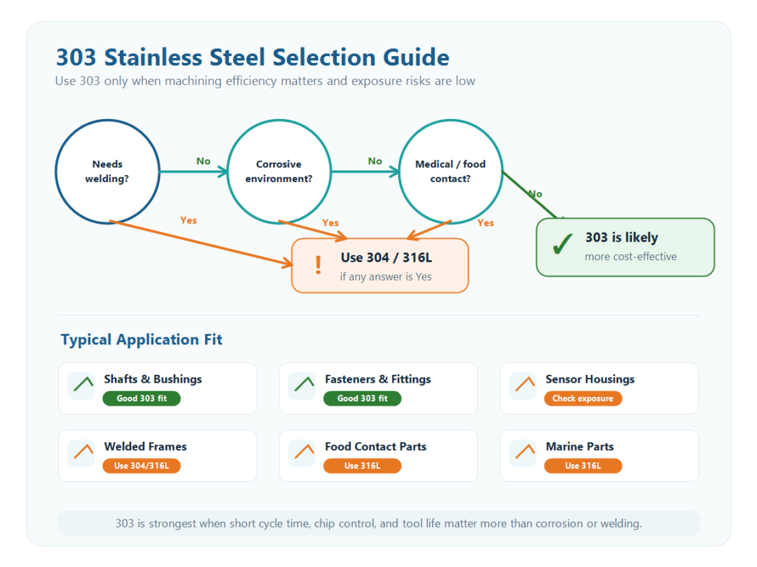 Decision guide for selecting 303 free-machining stainless steel based on welding, corrosion, and medical/food requirements with six application scenarios