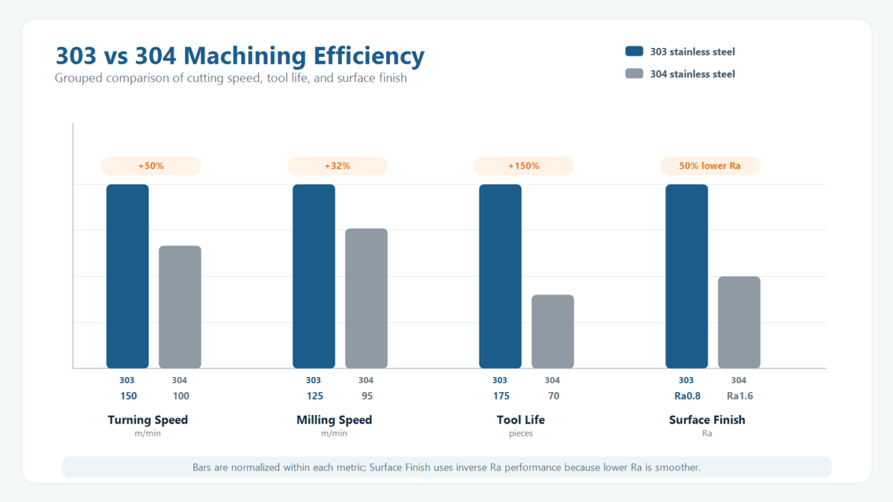 Bar chart comparing machining efficiency of 303 vs 304 stainless steel in turning speed, milling speed, tool life, and surface finish