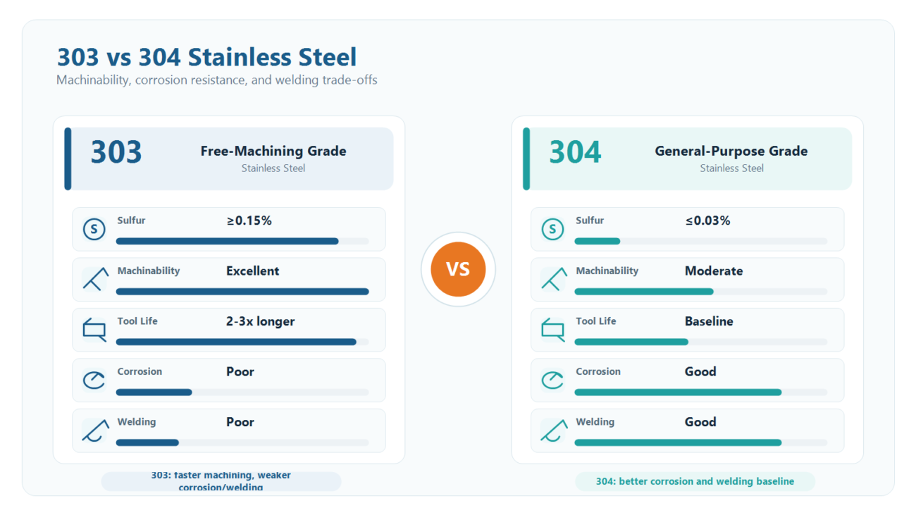 Side-by-side comparison of 303 free-machining and 304 stainless steel across sulfur content, machinability, tool life, corrosion, and welding