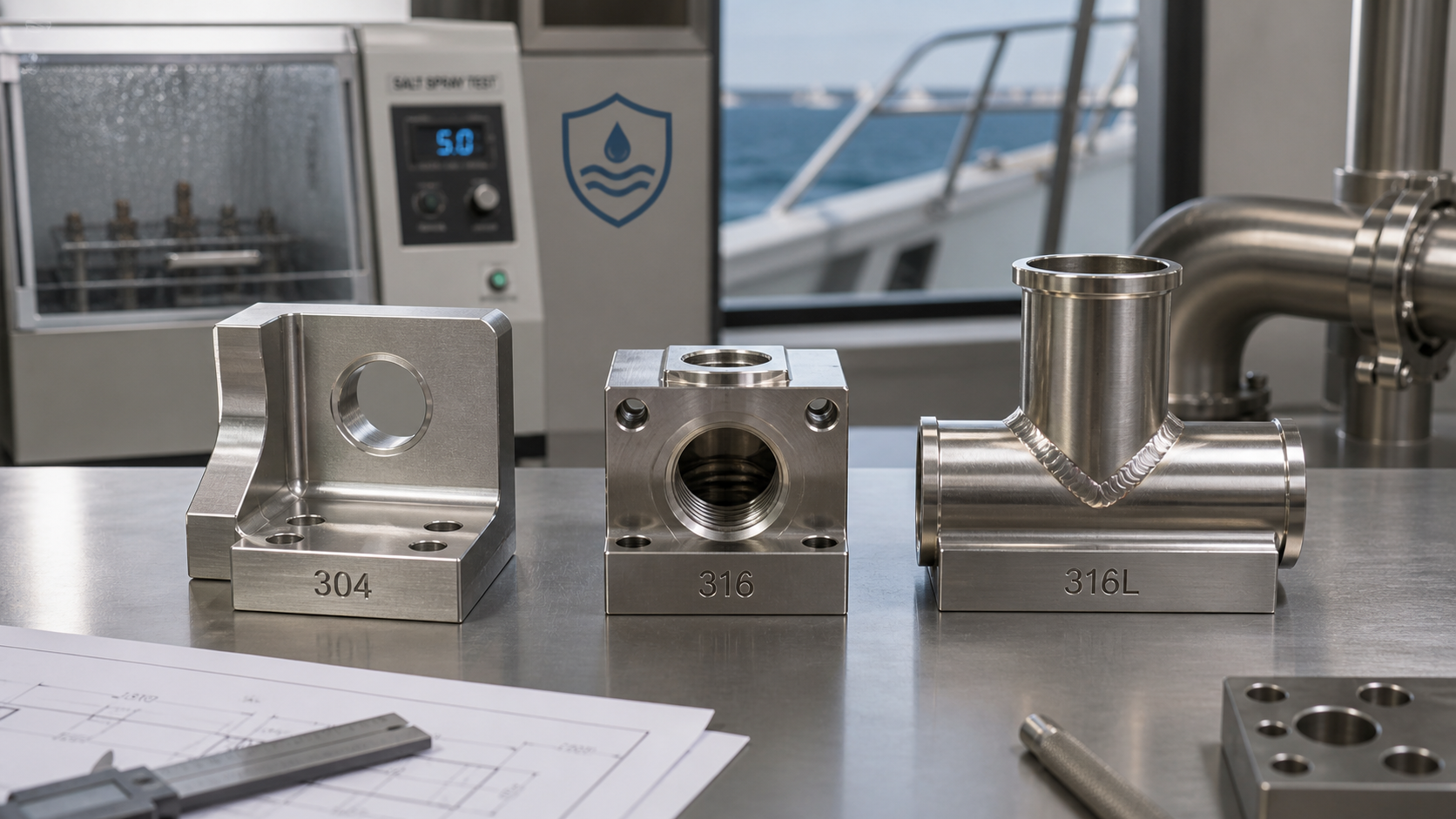 304, 316, and 316L stainless steel CNC machined parts compared on an engineering workbench, showing corrosion-resistant and welded application cues