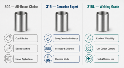 Infographic comparing 304 all-rounder, 316 corrosion specialist, and 316L welding specialist stainless steel grades with icons and key traits