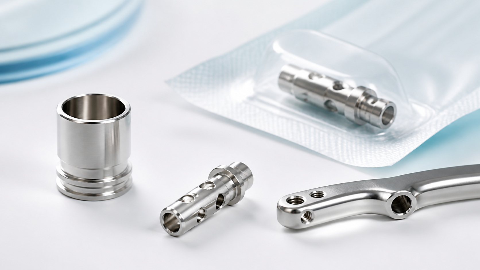 316L stainless steel medical precision parts with burr-free edges and electropolished surface on clean white background