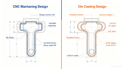 CNC machining vs die casting design rules comparison - sharp corners no draft variable wall vs fillets draft angle uniform wall thickness
