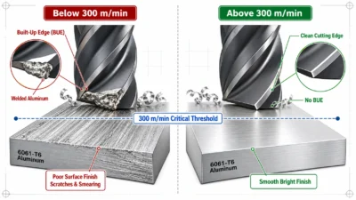 6061-T6 aluminum built-up edge formation diagram comparing below 300 m/min cutting speed with BUE and poor surface finish versus above 300 m/min clean carbide cutting edge