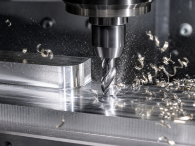 Close-up of a 3-flute carbide end mill cutting 6061-T6 aluminum with curly chips and coolant mist