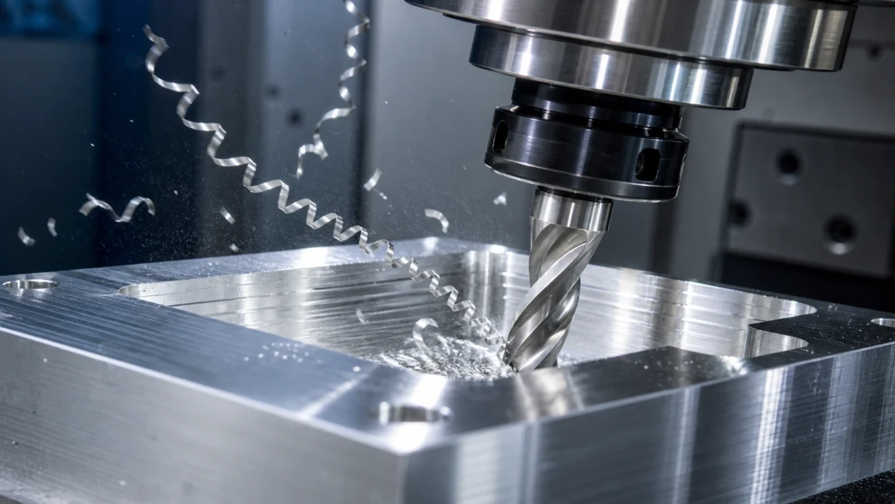 6061-T6 aluminum CNC pocket milling with a 2-flute uncoated carbide end mill, spiral chips, coolant mist, and bright machined surface finish