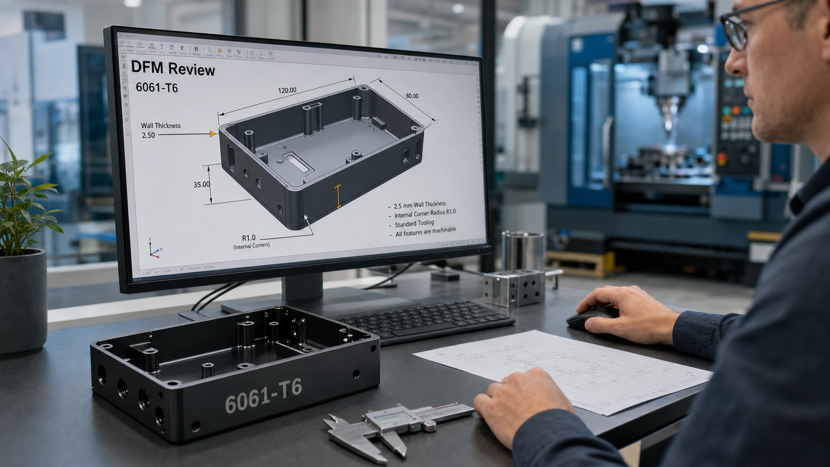 6061-T6 aluminum CNC machining DFM design for manufacturing - engineer reviewing 3D CAD model with machined parts