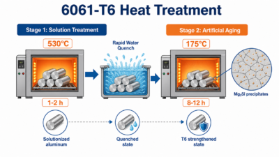Technical infographic showing the 6061-T6 aluminum heat treatment process with solution treatment, water quenching, and artificial aging