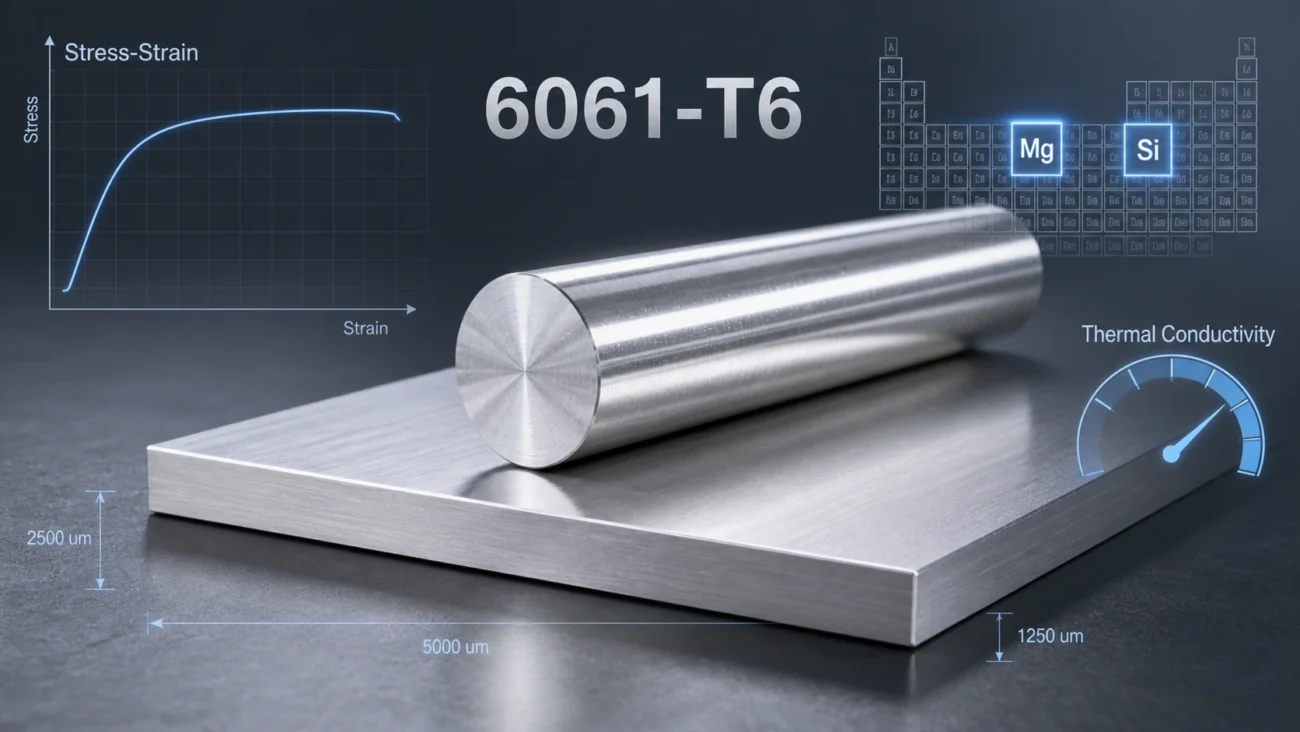 6061-T6 aluminum material properties image showing polished aluminum bar and plate with stress-strain curve, Mg and Si alloy elements, thermal conductivity gauge, and micron dimension markings