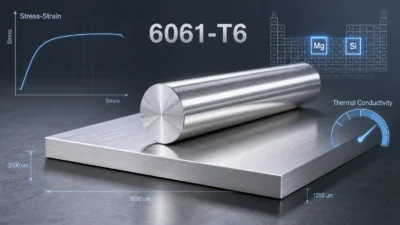 6061-T6 aluminum material properties image showing polished aluminum bar and plate with stress-strain curve, Mg and Si alloy elements, thermal conductivity gauge, and micron dimension markings