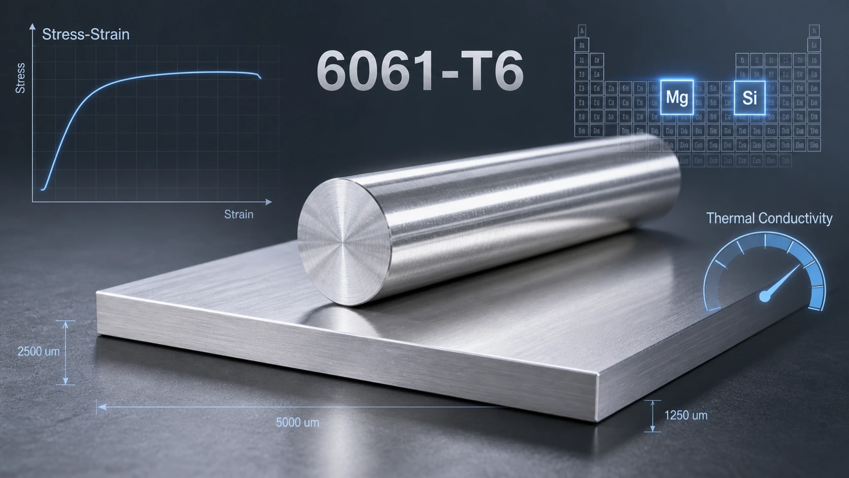 6061-T6 aluminum material properties image showing polished aluminum bar and plate with stress-strain curve, Mg and Si alloy elements, thermal conductivity gauge, and micron dimension markings
