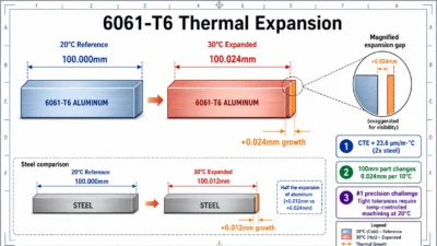 6061-T6 aluminum thermal expansion diagram showing a 100 mm part growing from 100.000 mm at 20°C to 100.024 mm at 30°C compared with steel growth of 0.012 mm