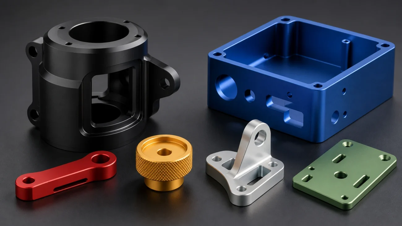 6061-T6 anodizing Type II color options on CNC machined parts showing uniform matte black, blue, red, or, clair, and green surface finishes