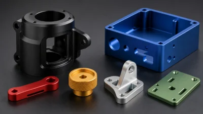6061-Options de couleur d'anodisation T6 de type II sur les pièces usinées CNC montrant un noir mat uniforme, bleu, rouge, or, clair, et finitions de surface vertes