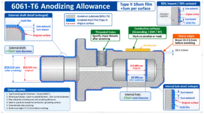 6061-T6 anodizing dimensional allowance diagram - film growth 50 percent into substrate 50 percent above surface thread chasing masking