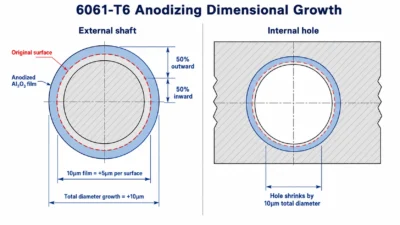 6061-T6 anodizing dimensional growth diagram showing 10µm Al2O3 film buildup, external diameter increase, and internal hole shrinkage