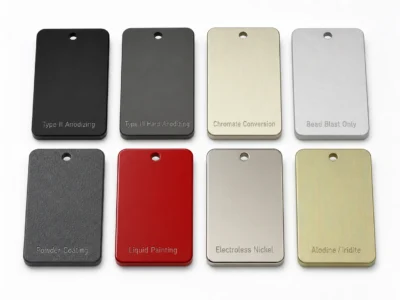 6061-T6 anodizing and surface finish comparison showing Type II anodizing, Type III hard anodizing, chromate conversion, microbillage, revêtement en poudre, liquid painting, electroless nickel, and Alodine Iridite coating