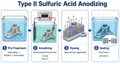 6061-T6 anodizing Type II sulfuric acid process infographic showing pre-treatment, anodizing voltage, dyeing, and sealing temperature stages