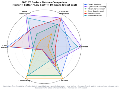 6061-T6 surface finishes comparison radar chart - Type II anodizing Type III hard anodizing chromate bead blast powder coating electroless nickel hardness corrosion wear color conductivity cost