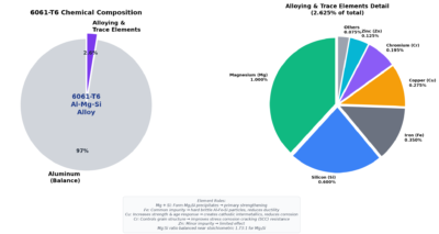 6061-T6 aluminum chemical composition pie chart - magnesium silicon copper chromium iron elements weight percentage