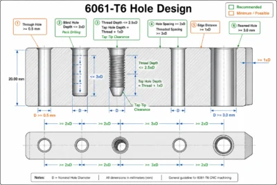 6061-T6 CNC hole design diagram - blind hole depth thread depth hole spacing edge distance DFM rules