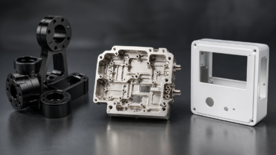 Three precision 6061-T6 CNC machined parts including a black robotic component, RF communication cavity, and white medical enclosure