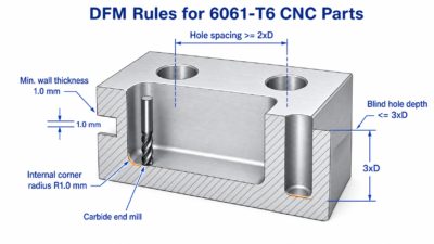 CAD-style DFM diagram for 6061-T6 CNC machined parts showing wall thickness, corner radius, hole spacing, and blind hole depth rules