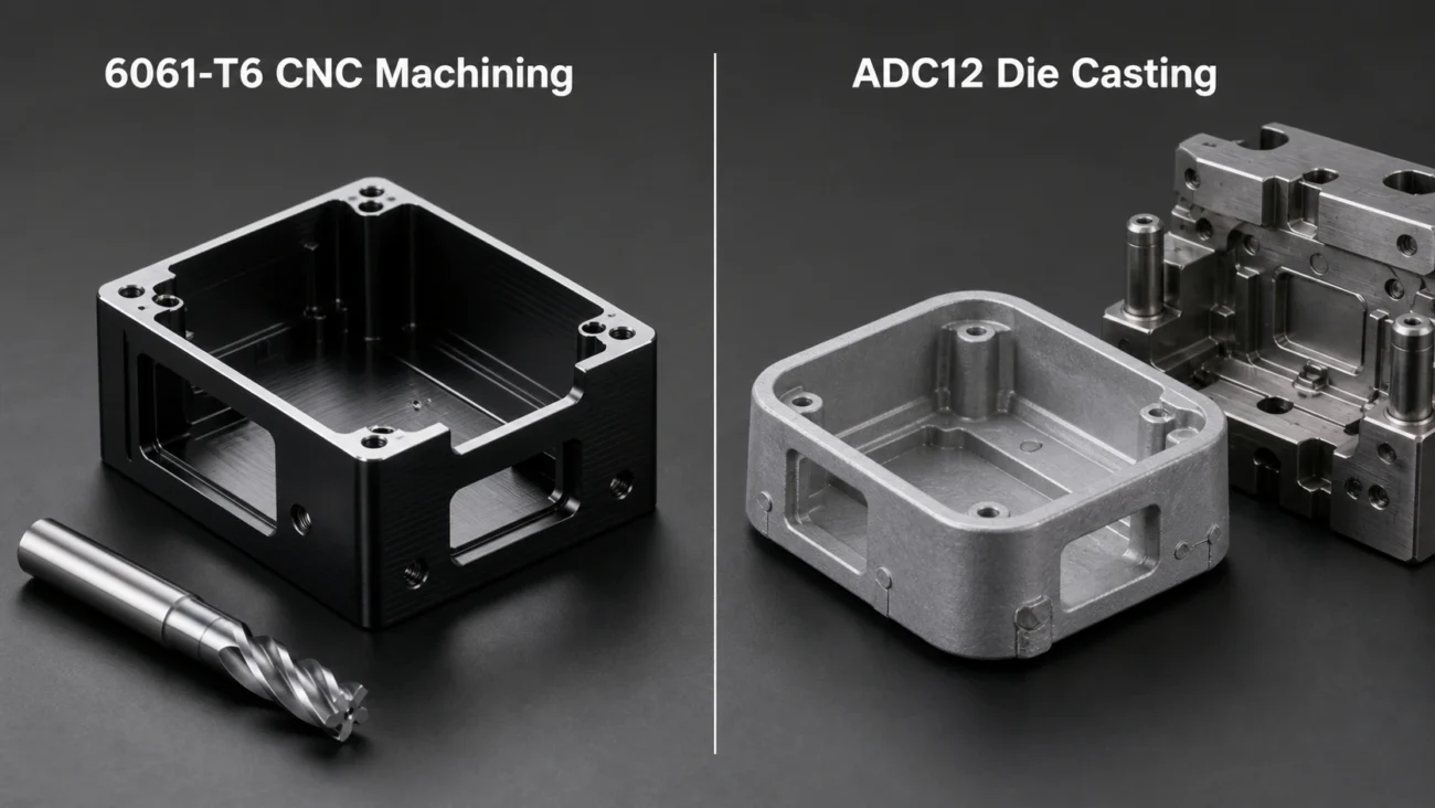 6061-T6 CNC machining versus ADC12 die casting comparison showing a black anodized machined aluminum enclosure with sharp tool marks beside an as-cast die-cast housing with rounded corners and gate marks
