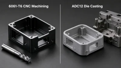 6061-T6 CNC machining versus ADC12 die casting comparison showing a black anodized machined aluminum enclosure with sharp tool marks beside an as-cast die-cast housing with rounded corners and gate marks