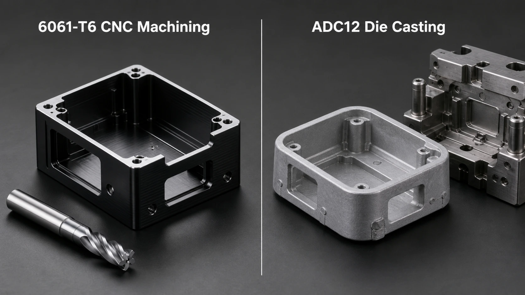 6061-T6 CNC machining versus ADC12 die casting comparison showing a black anodized machined aluminum enclosure with sharp tool marks beside an as-cast die-cast housing with rounded corners and gate marks