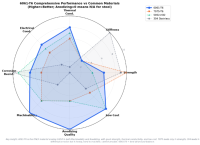 6061-T6 aluminum comprehensive performance radar chart - strength stiffness thermal conductivity corrosion machinability anodizing cost
