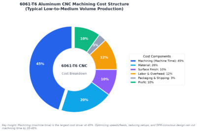 6061-T6 CNC machining cost breakdown pie chart - material machining surface finish labor overhead profit