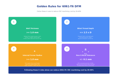6061-T6 CNC DFM golden rules infographic - wall thickness thread depth corner radius tolerance cost reduction 20-40 percent