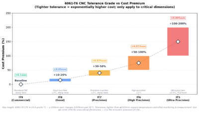 6061-T6 CNC tolerance grade vs cost premium chart - IT9 IT8 IT7 IT6 IT5 tolerance cost exponential relationship