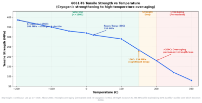 6061-T6 aluminum tensile strength vs temperature curve - cryogenic to high temperature strength degradation over-aging