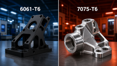 Split-screen comparison of 6061-T6 and 7075-T6 CNC machined aluminum parts with different finishes and lighting tones