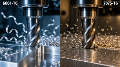 Split-screen macro comparison of CNC end milling 6061-T6 and 7075-T6 aluminum showing chip formation and surface finish differences