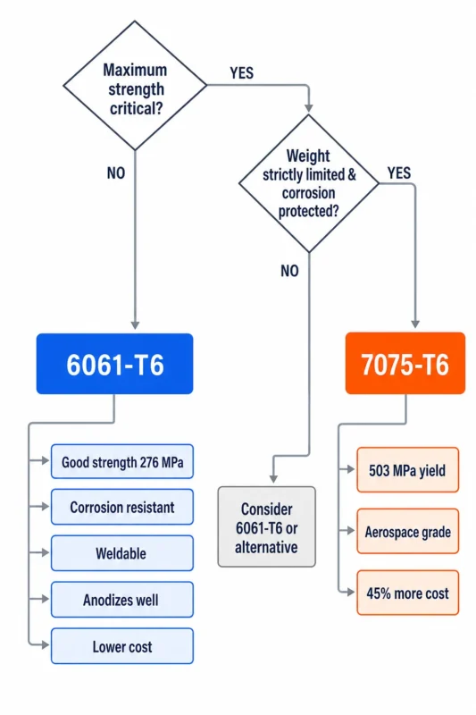 Decision flowchart for choosing between 6061-T6 and 7075-T6 aluminum based on strength, corrosion protection, cost, and aerospace requirements