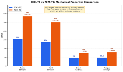 6061-T6 vs 7075-T6 mechanical properties bar chart - tensile yield hardness fatigue strength comparison