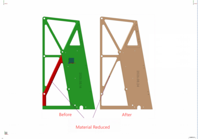 Before and after CAD comparison of a customer-requested material reduction change made near final production, showing the original green part with red removed area and the revised lightweight aluminum frame design