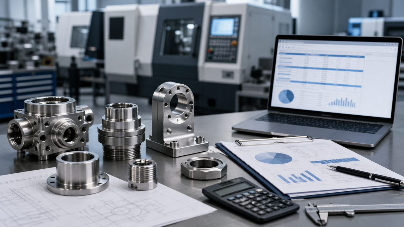 Stainless steel CNC machined parts reviewed with quotation documents, cost charts, calculator, and inspection tools in a CNC machine shop