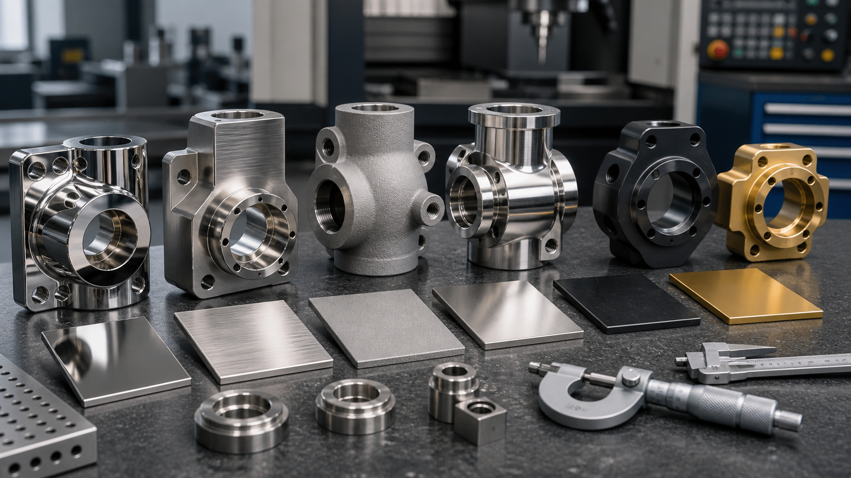 Stainless steel CNC machined parts with polished, brushed, bead blasted, electropolished, and PVD coated surface finishes on an inspection workbench