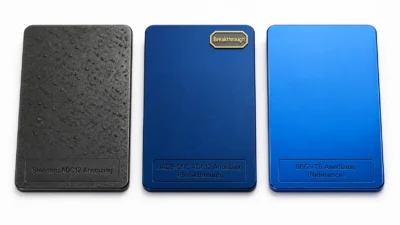 6061-T6 anodizing reference compared with standard ADC12 anodizing and JADE-CNC ADC12 anodizing breakthrough showing blue color uniformity, gloss, and surface texture differences